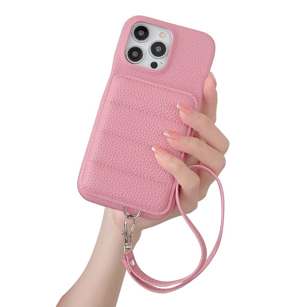 

For iPhone 14 Pro Max Case Card Slots Kickstand PU Leather+PET Phone Cover with Wrist Strap Pink
