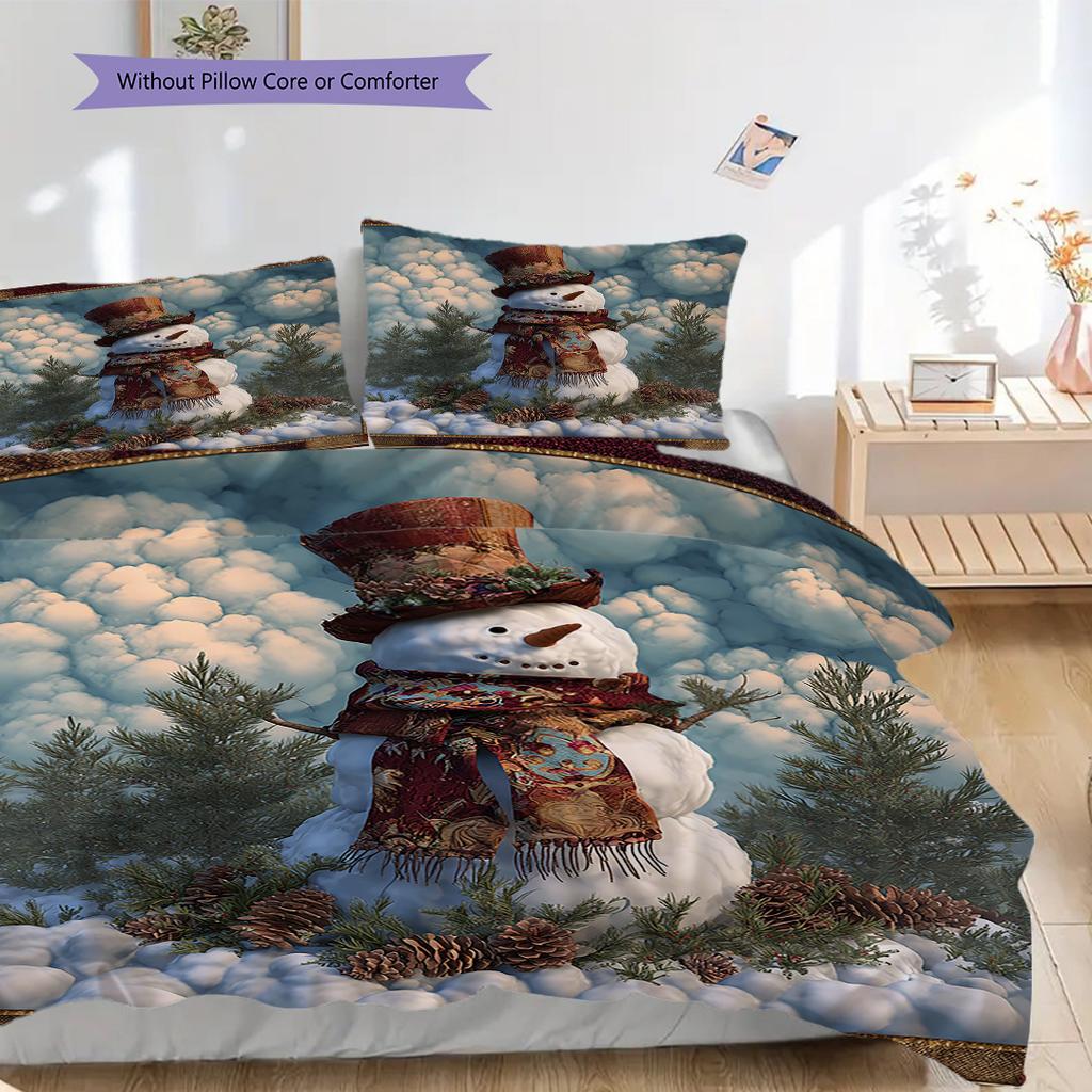 Snowman Pattern Bedding Quilt Set Quilt Cover Pillowcase Home Decoration Birthday Gift (1 * Duvet Cover + 2 * Pillowcase, Without Core)