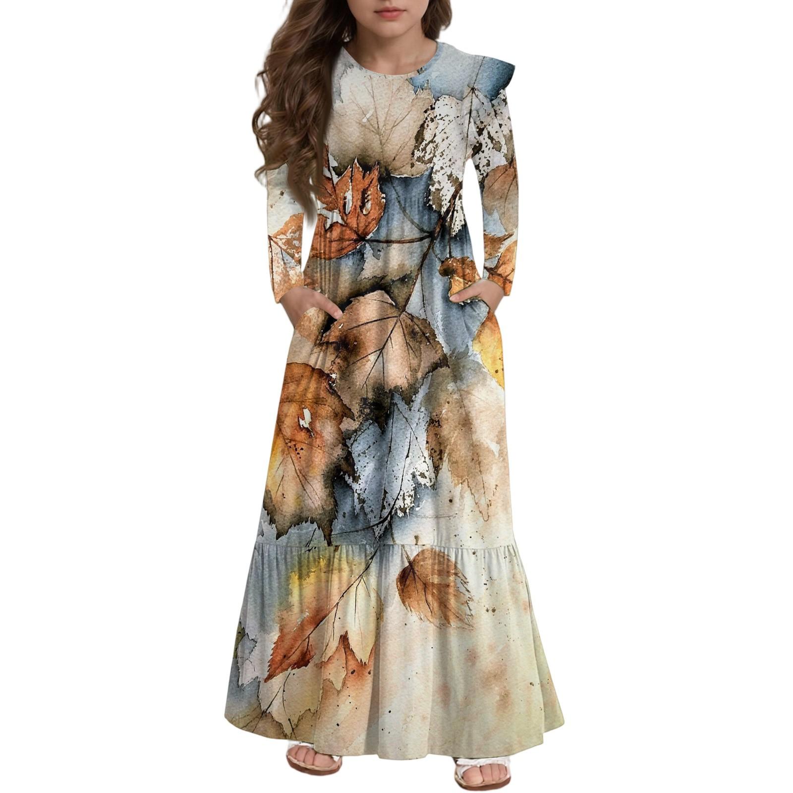 

Платье с многоярусными оборками для девочек - Макси с длинным рукавом и принтом, с карманами 160 жёлтый