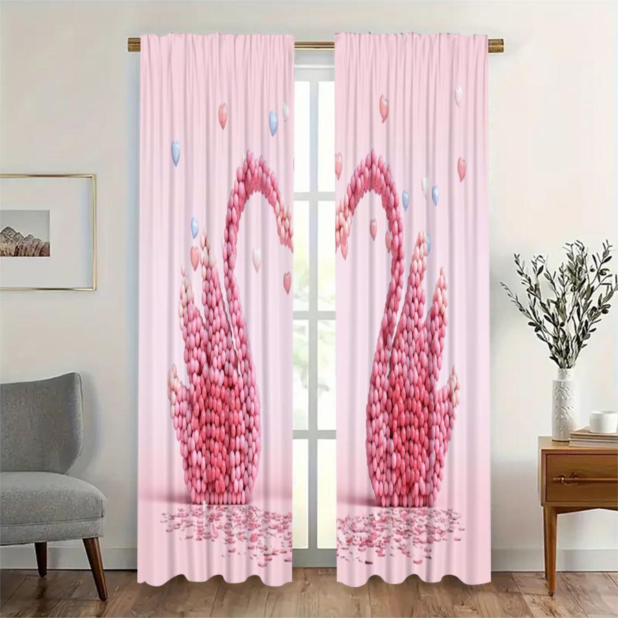 2 Pcs Valentine's Day Pink swan print curtains,suitable for bedroom,living room kitchen decoration,home decoration,window decor