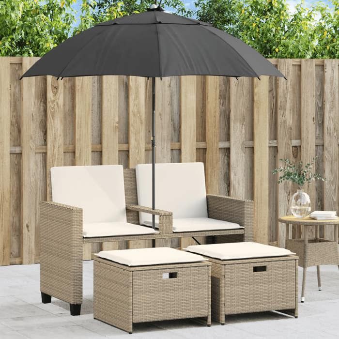 VidaXL Canapé de jardin 2 places avec parasol et tabourets beige rotin, canapé d’extérieur, chaise longue de jardin, canapé 365886