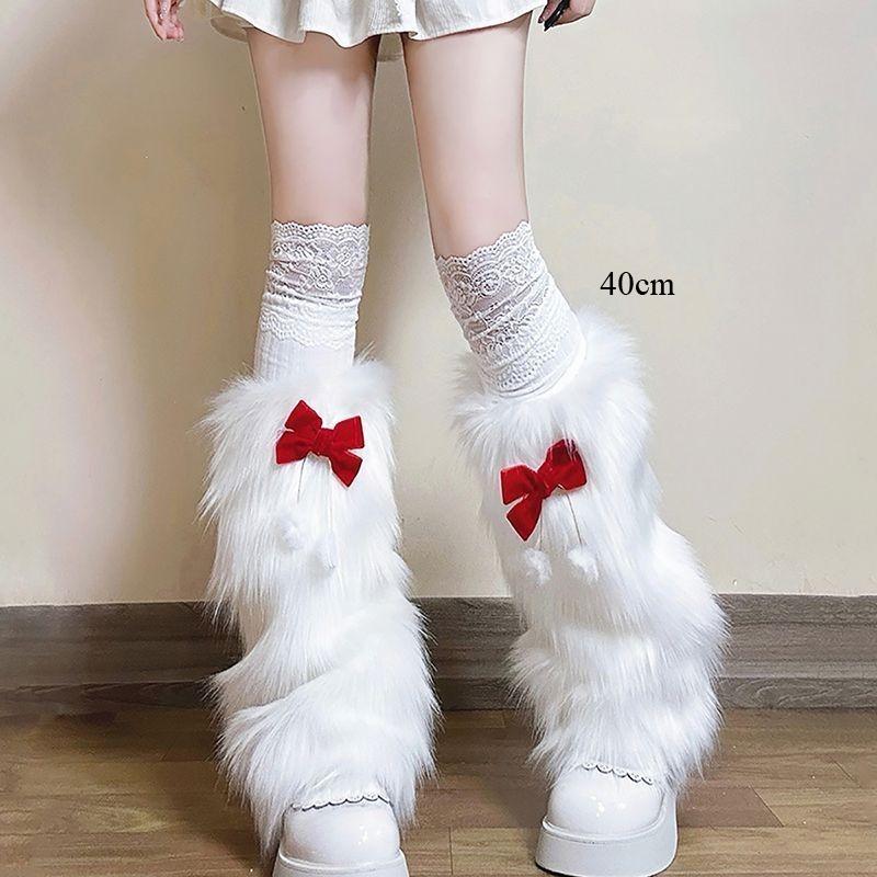 Bowknot Plush Leg Warmers - Autumn/winter Faux Fur White Mid-calf Socks