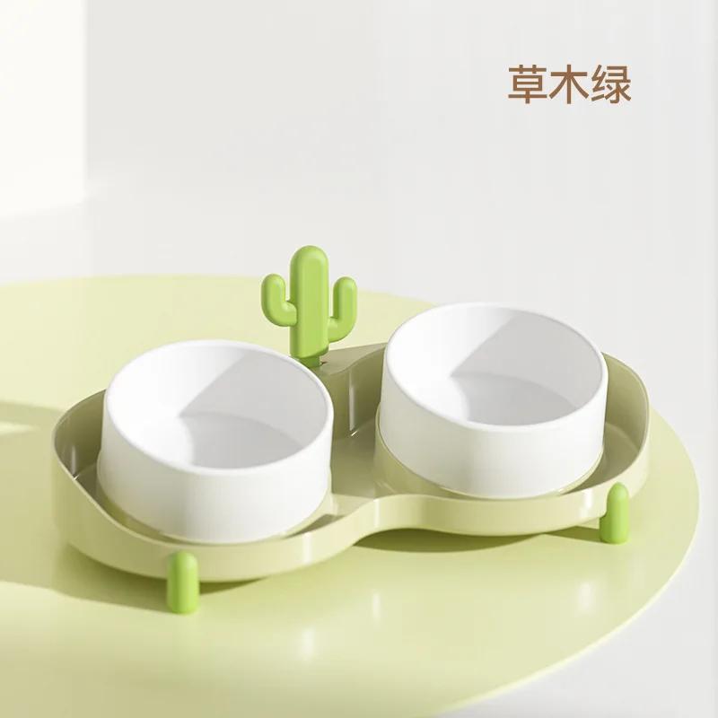 

Cat Double Bowls Feeder with Canning Spoon Pet Cats Drinker Water Bowl Elevated Feeding Kitten Supplies Food Feeders Dogs Dish зелёный