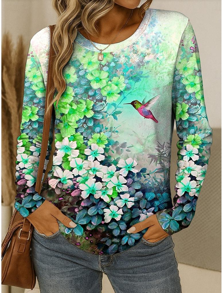 Women's T-Shirts Floral Graphic Bird Tees Fashion Stylish Long Sleeve Crew Neck Regular Tops 3D Printed Summer Casual Pullover