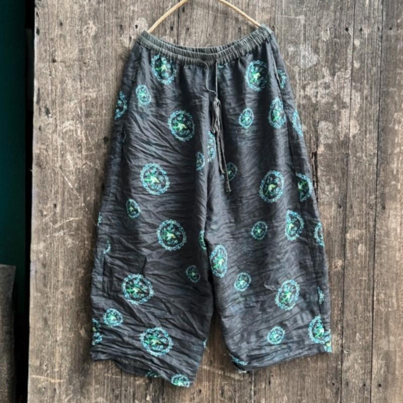 Johnature Women Vintage Wide Leg Pants Elastic Waist Pockets Autumn Loose Trousers Print Floral Belt Soft Pants