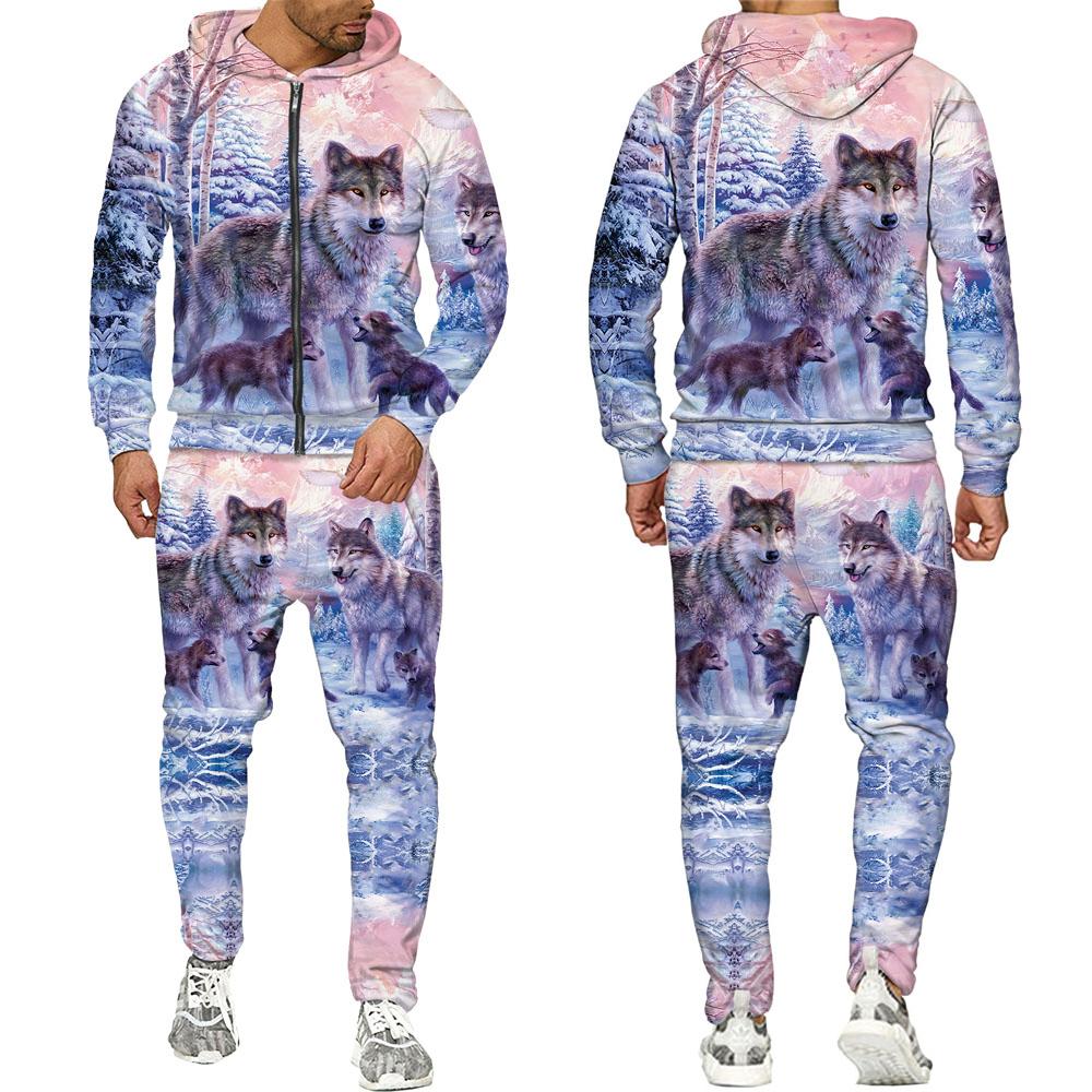 Dragkedja Luvtröja Träningsoverall Herr Kvinnor 3D-tryck Varg Lösa Par Luvtröjor +byxor Casual Hip Hop Streetwear Sweatshirts Kostymer