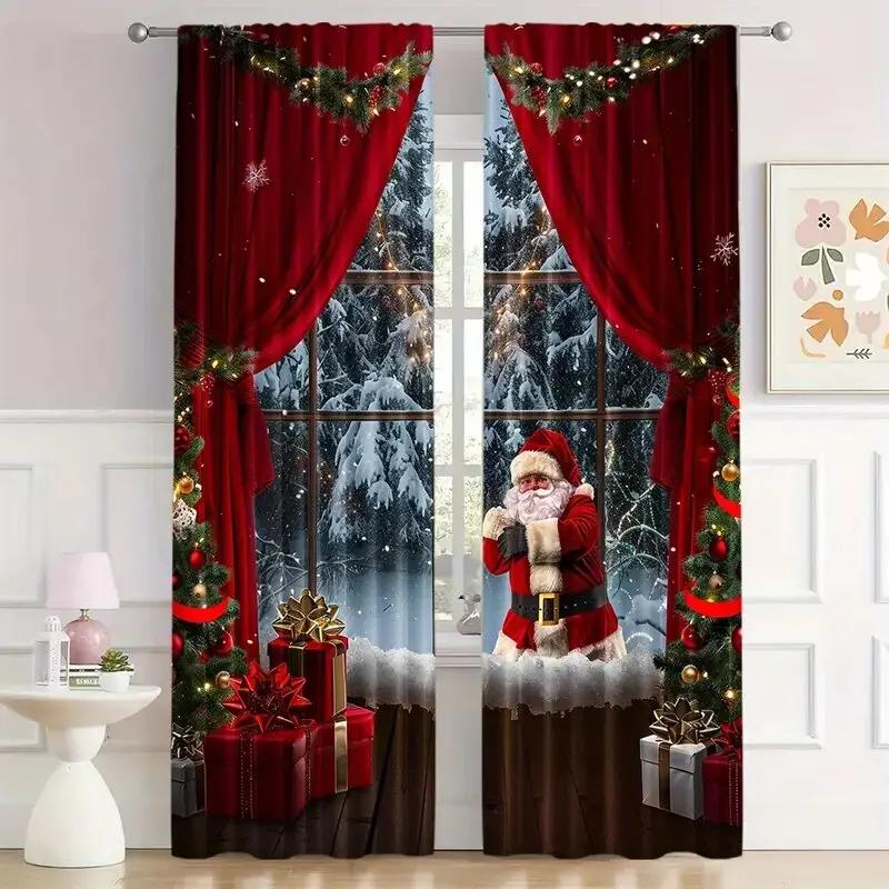 Christmas Style Santa Claus Pattern Printed Curtains Through Bar Home Decoration Room Curtain Set Of 2 Made Polyester Washable