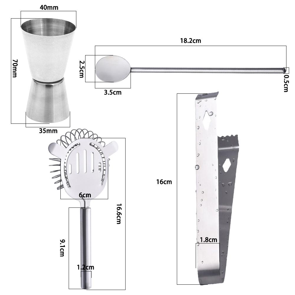 5 Pcs/set Stainless Steel Cocktail Shaker Set Shaker Mixing Spoon Ice Forceps Filter Measuring Cup Reusable Professional Bartending Tool