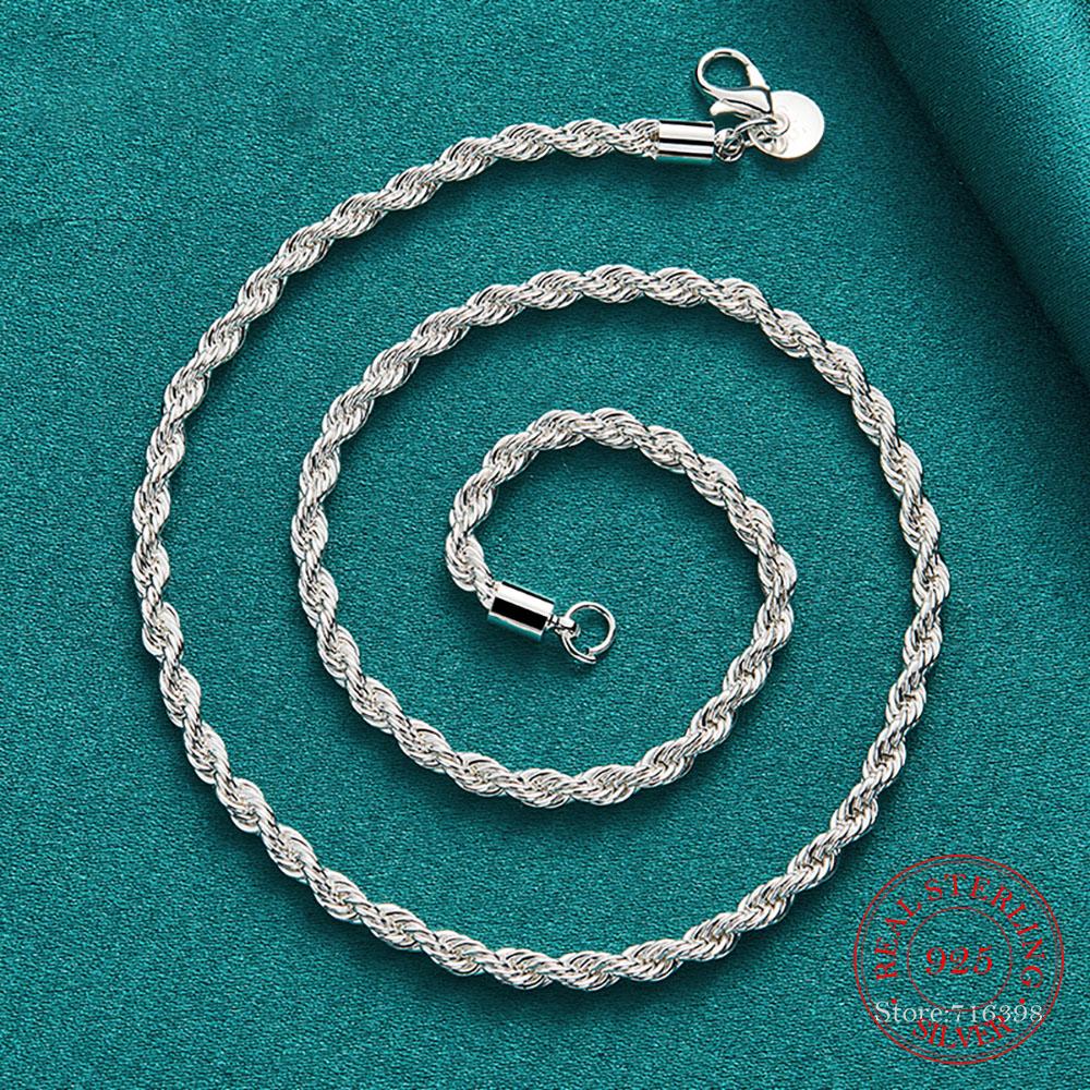 4MM Width!! Real 100% 925 Sterling Silver Men Rope Chain Fashion Unisex Party Wedding Gift Silver 925 Chain Necklace Men Jewelry