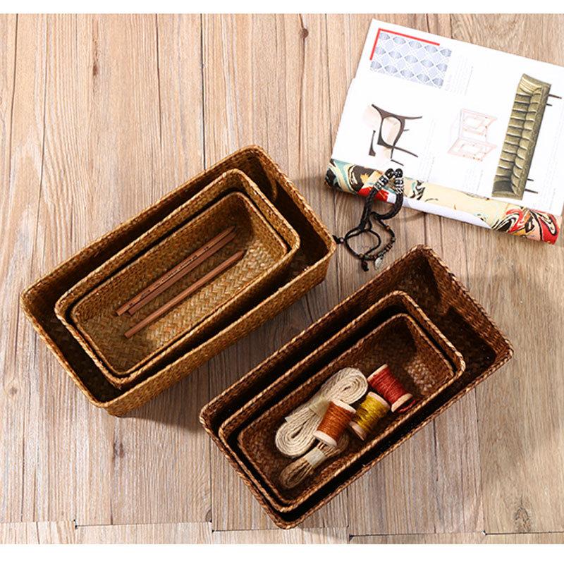 Large Home Storage Basket Box Grass Woven Rectangular Storage Container Sundries Kitchen Drawer Organizer
