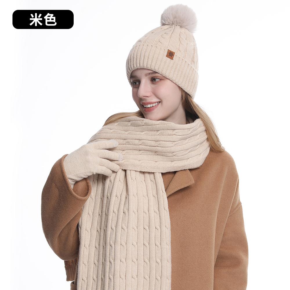 

Knitted hat, women s winter warm ear protection, double-layer thickened plush wool knitted hat, scarf and gloves three-piece set