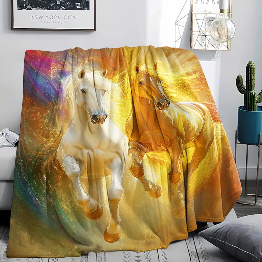 1Pc Horses Painting Print Flannel Blanket, High Quality Comfortable for All Seasons, Home Decor, Warmth and Comfort, Perfect for Christmas Gifts