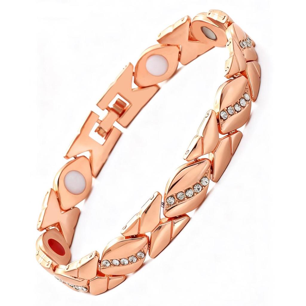 Bracciale Magnetico Europeo e Americano Transfrontaliero con Inlay di Foglie e Diamanti, Rame Rosso Antico, Spazzolato, Regolabile.