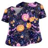 Women V Neck Scrub Top with Pockets Short Sleeve Side Split Hem Halloween Print Floral Pattern Comfortable Fit Medical Uniform