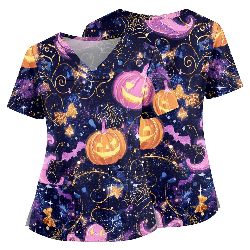 Women V Neck Scrub Top with Pockets Short Sleeve Side Split Hem Halloween Print Floral Pattern Comfortable Fit Medical Uniform