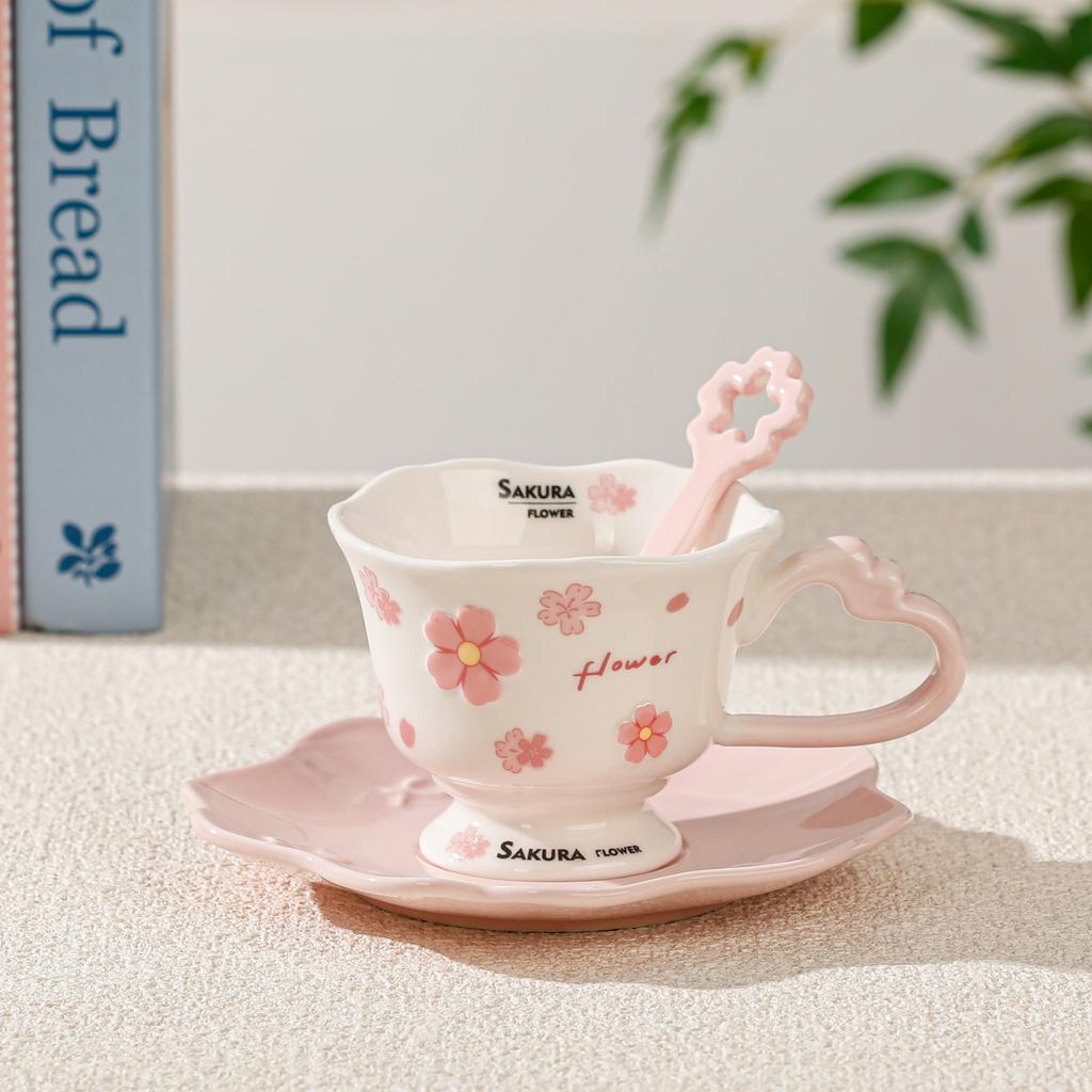 Kirschblüte hochwertiger Kaffeetasse Mädchen Trinkbecher mit Untertasse niedlicher Wasserbecher Haushaltsset kleines Geschenk Tasse