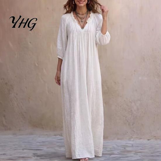 Bohemian Inspired Dress Ruffle V-Neck Long Dress, 3/4 Sleeves Maxi for Comfortable Women Dresses Women, Solid Color Casual Loose Spring Fall
