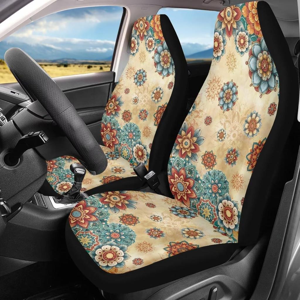 Bulopur Black Boho Floral Car Seat Covers Front Seats Only for Women Men Seat Covers w/Organizer Pocket for Cars SUV Truck Sedan