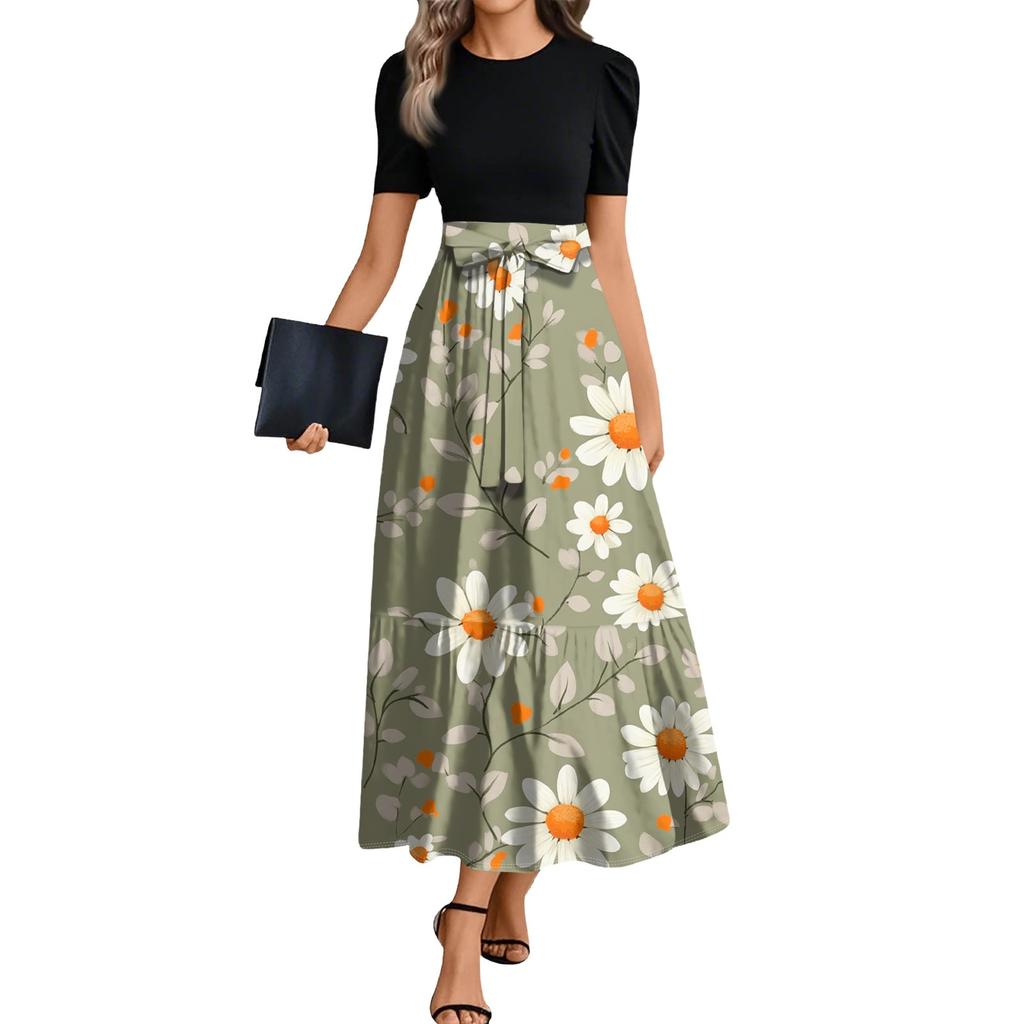 Ladies Fashion Casual Belt Short Sleeve Round Neck Floral Print Splicing Elegant Temperament Dress
