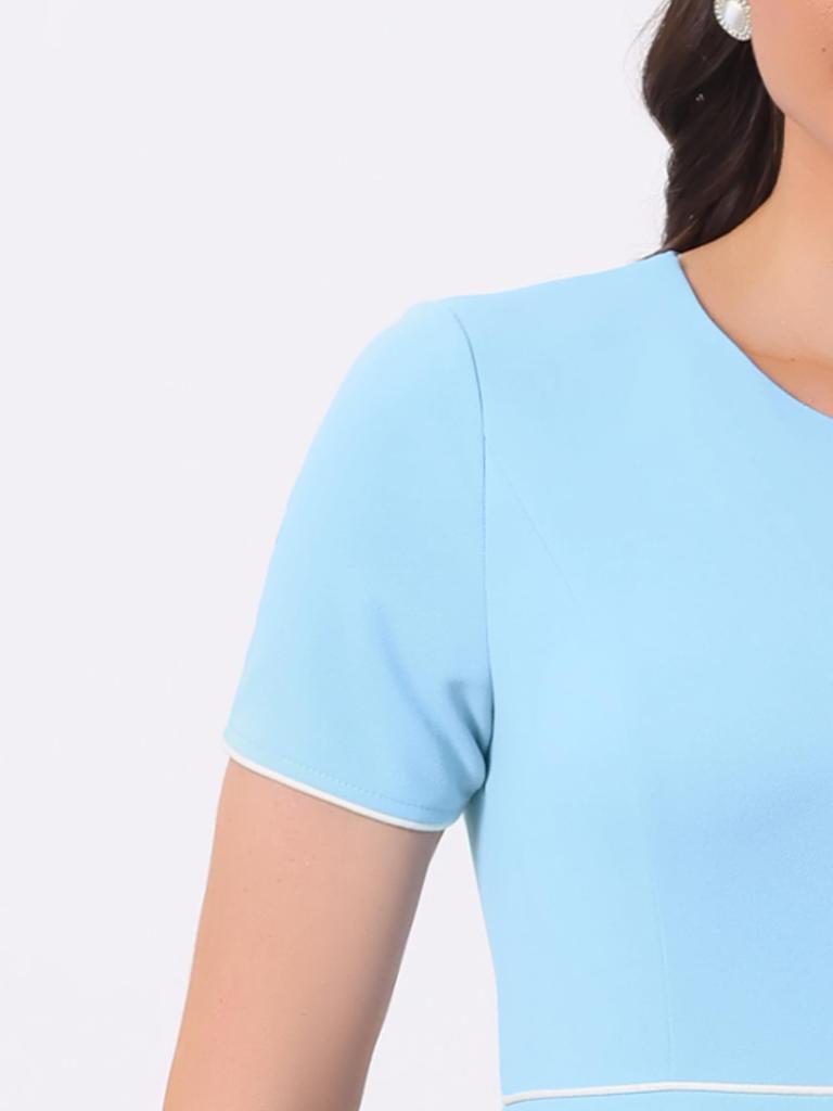 Allegra K Women's Sheath Midi Dress, Crew Neck, Peplum, Ruffles, Knee-Length, Short Sleeves, Sky Blue, Size S