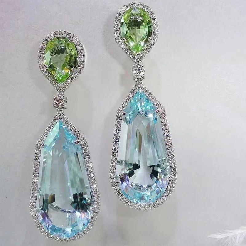 Luxury Square Green Cubic Zirconia Crystal Pendant Earrings Exquisite Fashionable  Women'S Wedding Jewelry