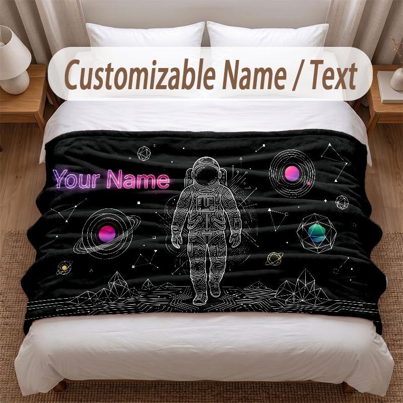 Astronaut Space Theme Soft Blanket Personalized Custom Name Text Print Warm Blanket Home Sofa Bedroom Decor