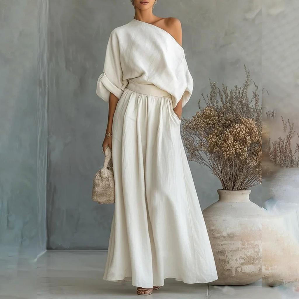 Conjunto de Dos Piezas Elegante para Mujer: Top de Hombros Descubiertos con Cinturón y Pantalones