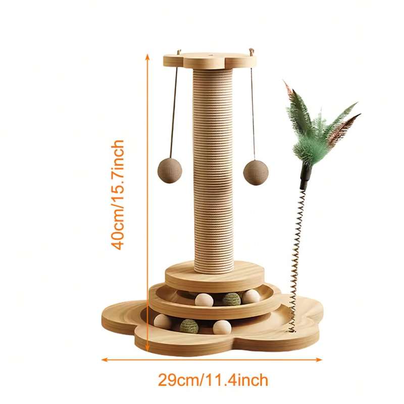 Solid Wood Cat Scratching Post Activity Center Natural Sisal Wrap Multi-Layer Turntable Platform With Rolling Catnip Balls Hanging Pom-poms & Spring