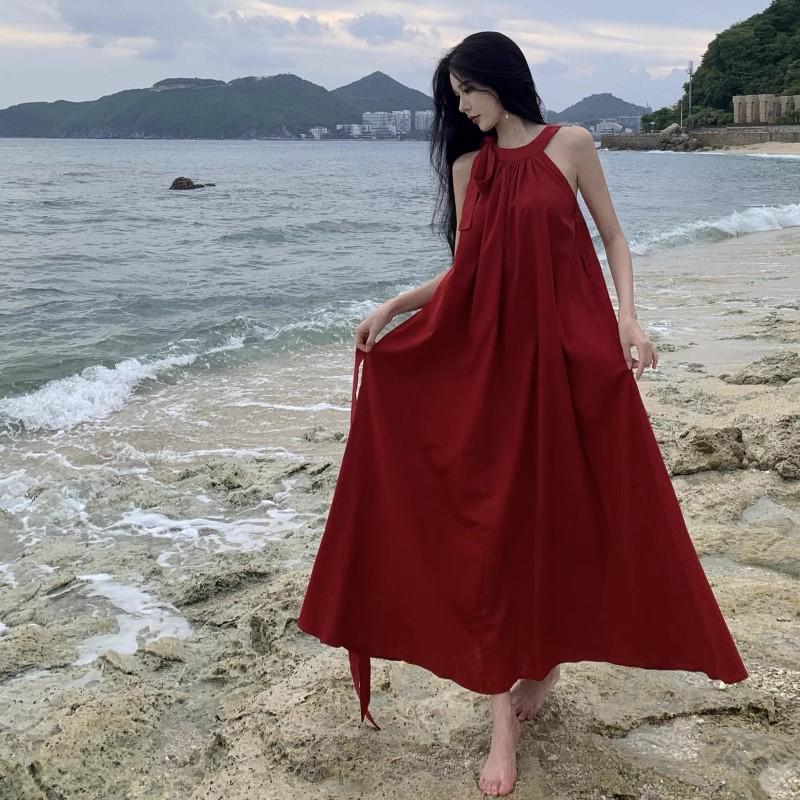 Vintage French-Chinese Red Halter Dress: Women's Summer Beach Swing