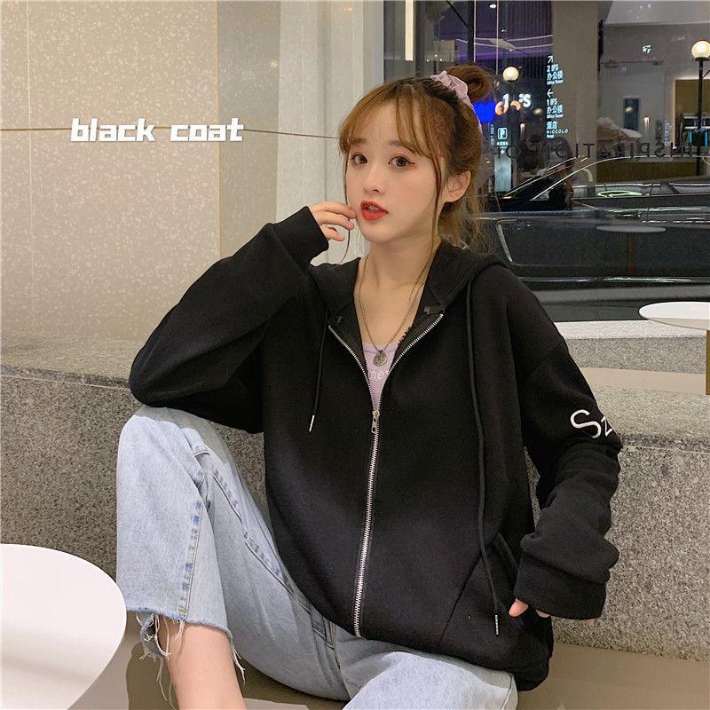 Casual sweater jacket women's thin loose Korean version short man with bf hooded zipper cardigan
