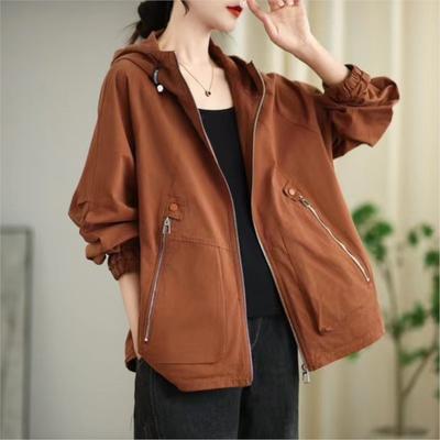 Frau Herbst Vintage Lose Beiläufige Persönlichkeit Mantel Zipper Einfarbig Lange Ärmel Mit Kapuze Mantel