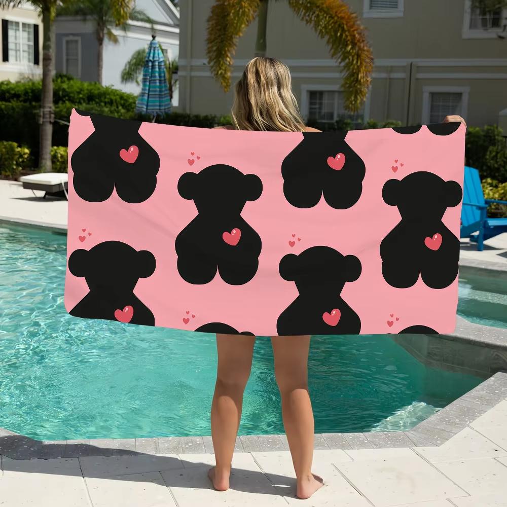 Cute Bear Silhouette Print Beach Towel,Soft Microfiber Lightweight Quick Dry,Oversized for Travel Camping,Love Heart Decor Towel