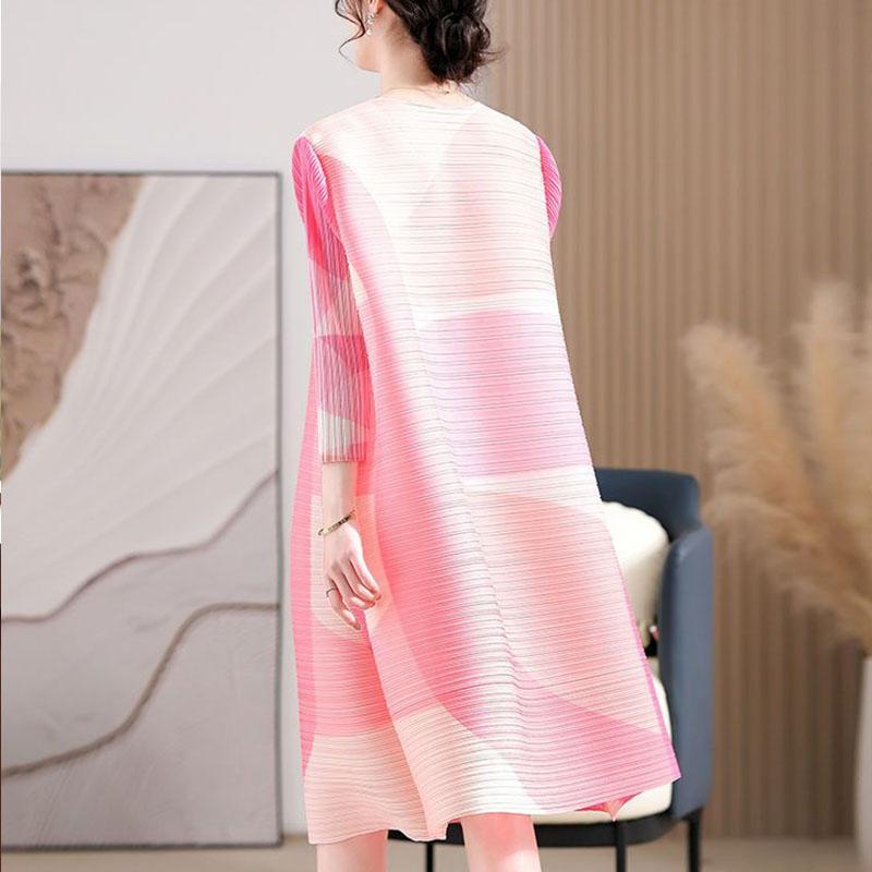 Rochie nouă de toamnă plisată cu gât rotund și imprimeu franțuzesc, la modă și elegantă, fustă mamă A-line de lungime medie