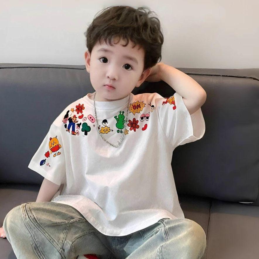 

Pure Cotton Boys Short-Sleeve Children S Clothing Summer White T-Shirt New Style For Older Children Summer Fashion Top For Boys 90cm белый