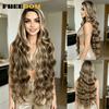 FREEDOM 36" Lange wellige synthetische Lace-Front-Perücken für Damen Ombre Braun Blond Body Wave Seitenscheitel Spitze-Perücke Natürliche Perücke für den täglichen Gebrauch