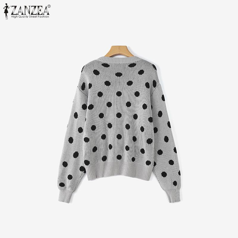 ZANZEA Womens Casual Crew Neck Polka Dots Knitted Pullovers Sweaters Jumpers