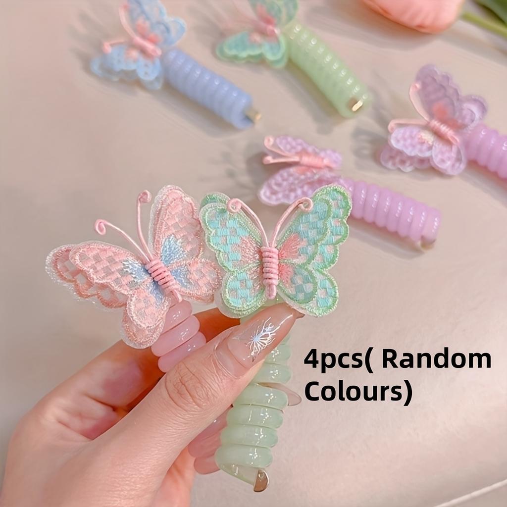 4/2 Pcs/set Mixed Colour Butterfly Telephone Wire Hair Rope,Girl's Elastic Hair Accessories Spiral Hair Rope Set Cute and Sweet