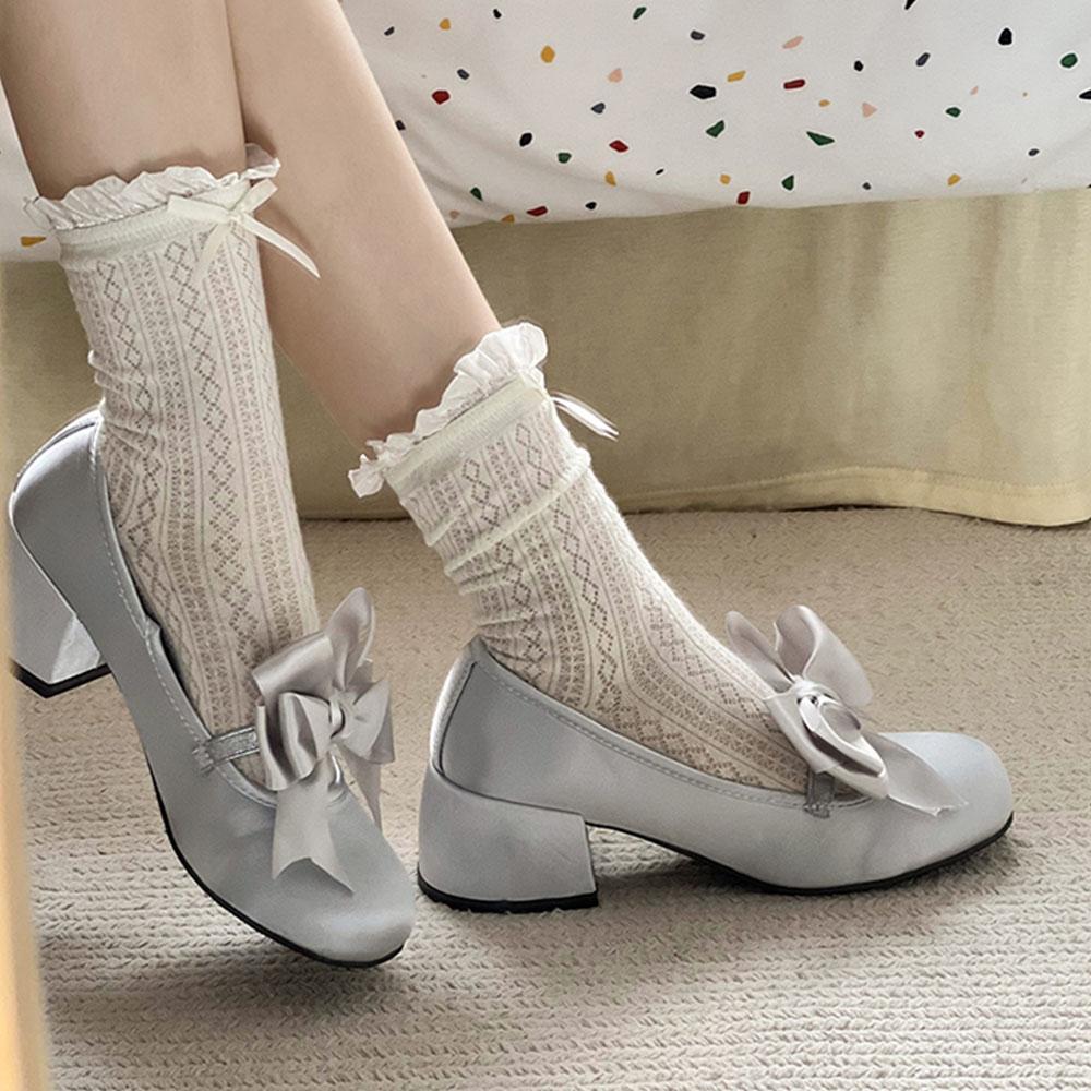 Silk Round Toe Women Mary Janes Shoes Pums Low Heels Pumps Wedding Dress Shoes Bow-knot Cute Sweet Women Shoes