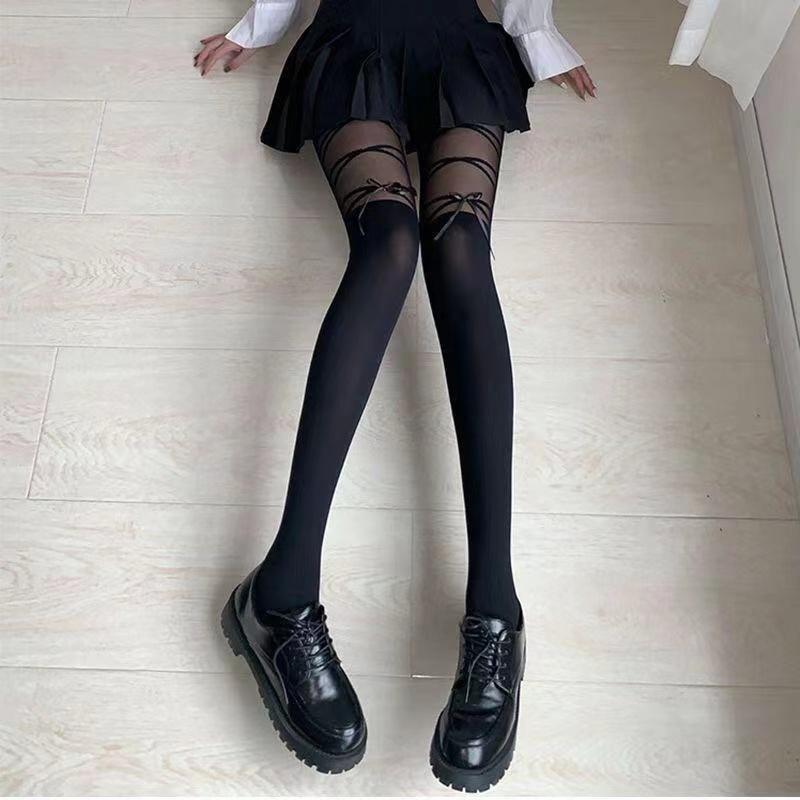 Thin Stockings Women Bowknot Straps Lolita Cute Pantyhose Girls Long Tights Socks Black White Sexy Lingeries for Woman