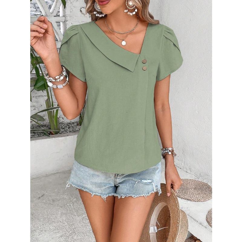 2026 Summer New Oblique Collar Loose Women Blouse Casual Solid Color Shirt Ladies Simple Button Sweet Petal Sleeves Tees Tops Fashion Elegant Clothes