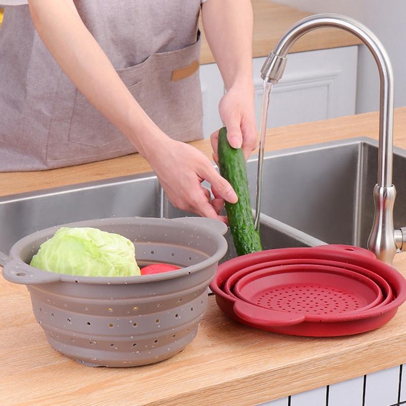 Folding Silicone Drain Basket Fruit Vegetable Washing Basket Foldable Strainer Colander Collapsible Drainer Kitchen