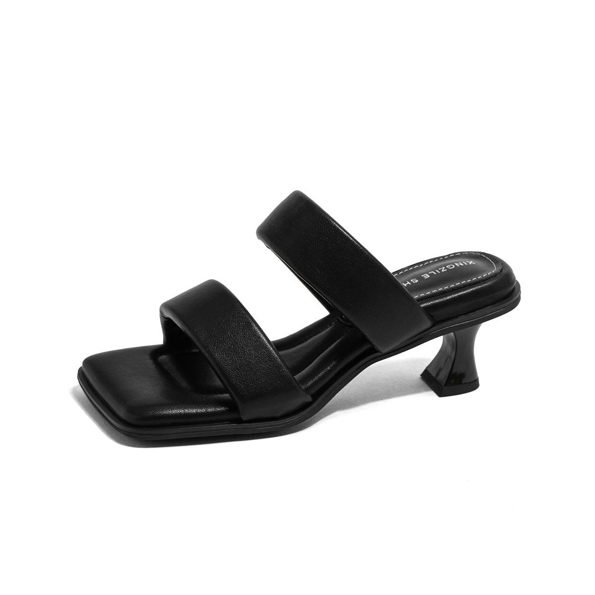 

Sheepskin sandals women s outer wear summer medium heel slippers thick-soled soft stepping shit shoes 2025 literal square head cool slippers 35 чёрный