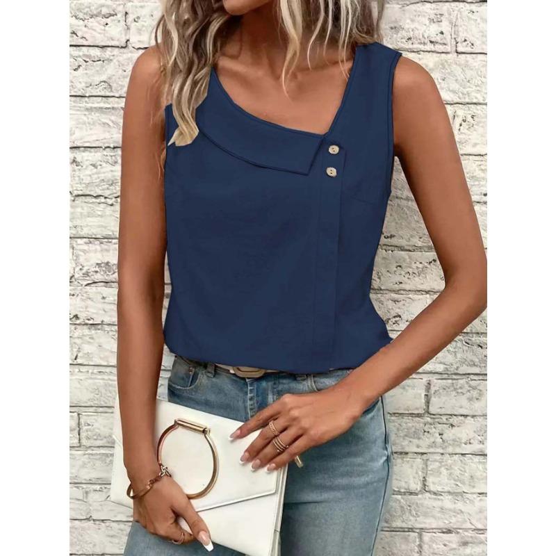 Summer new women's casual slope collar sleeveless regular pullover multi-color women's tops T-shirt