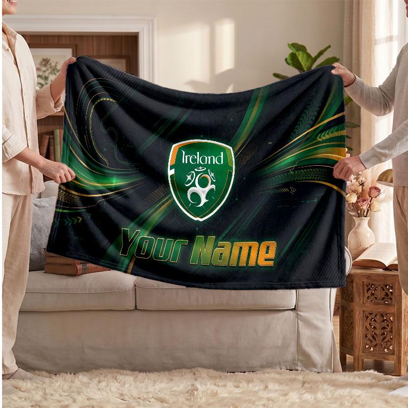 Ireland Rugby Flannel Blanket, Custom Name Text Personalized Soft Throw Blanket Home Decor Gift