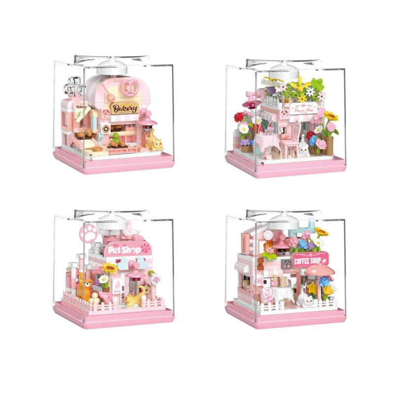 Cartoon Animal Micro Diamond Block Cat Flower Coffee Pets Shop Bakery 3D Wall Building Brick Idea Toy With Light Nanobricks