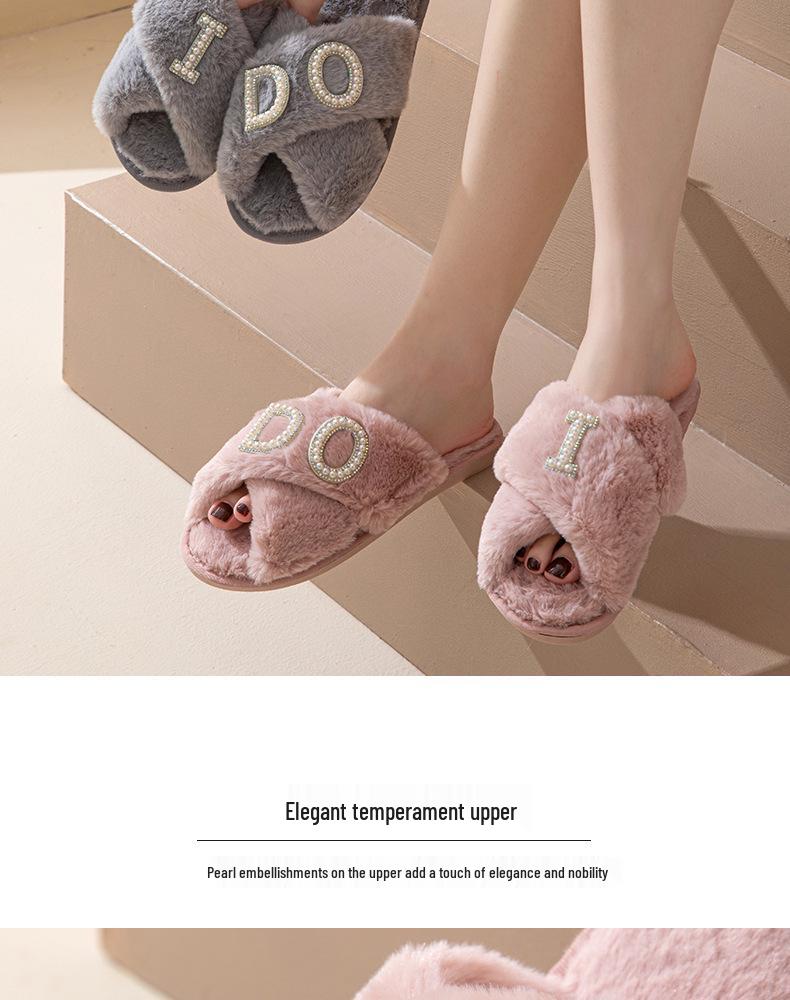 IDO Women's Furry Pearl Wedding Bachelorette Plush Slippers