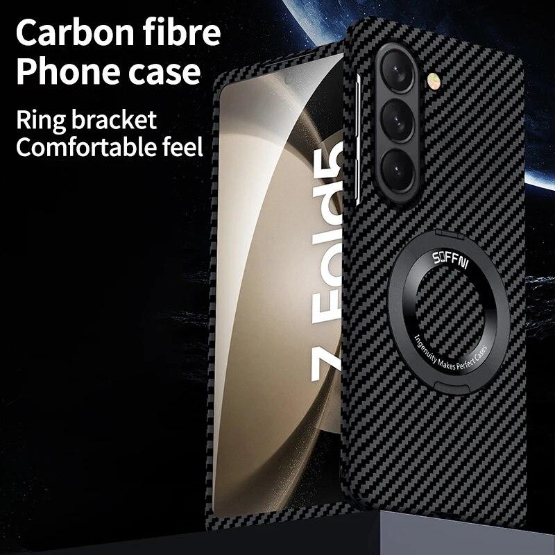 Carbon Fiber Case for Samsung Galaxy Z Fold 5 4 3 Magsafe Case Wireless Charging Ring Magnetic Ultra Thin Matte Shockproof Hard Protection Cover