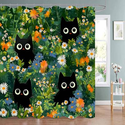 Blumen und Pflanzen Süße Schwarze Katzen Duschvorhang, Dekorative Duschvorhänge für das Badezimmer, Wasserdichter Duschvorhang mit Haken