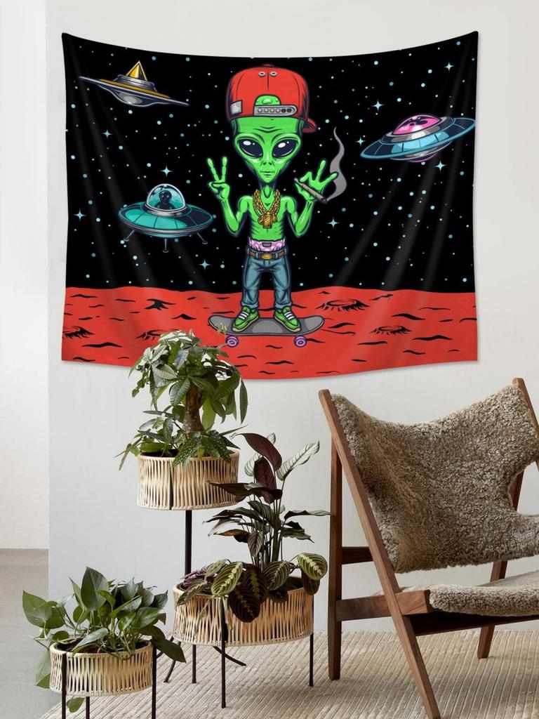 Cartoon Alien Spaceship Tapestry Planet Pattern Wall Hanging Flag for Bedroom Dorm Living Room SciFi Room Accessories