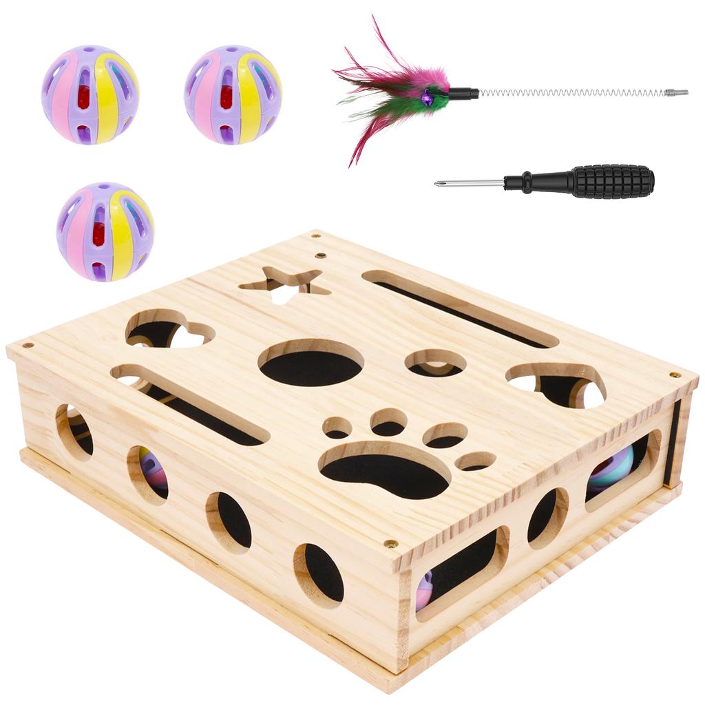 Interactive Cat Puzzle Toy Nail File Scratch Board Enrichment Box Wooden with 3 Bell Ball for Pet Exercise Boredom Relief